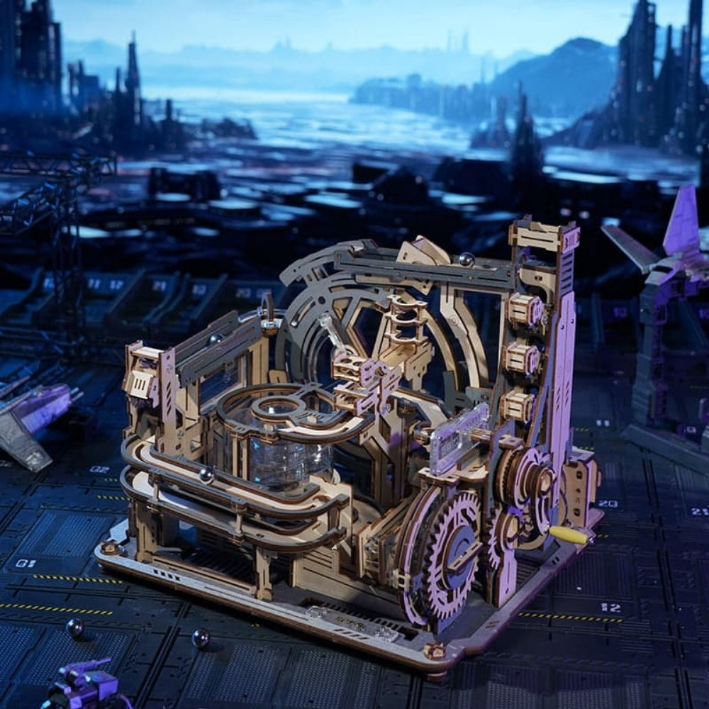 Mechanical model with gears on a futuristic cityscape background