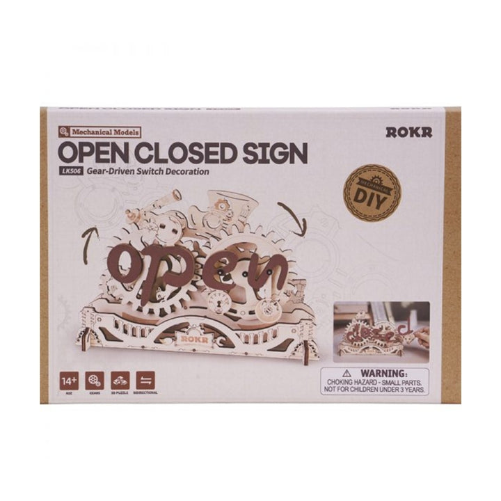 Box for ROKR Mechanical Models Open Closed Sign DIY kit on a white background