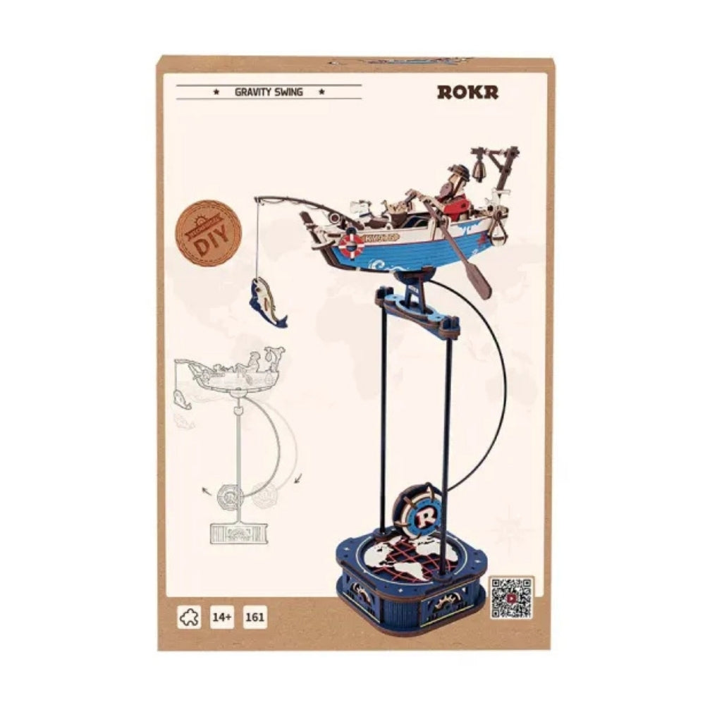 ROKR gravity swing toy set on a cardboard box with branding and product details.