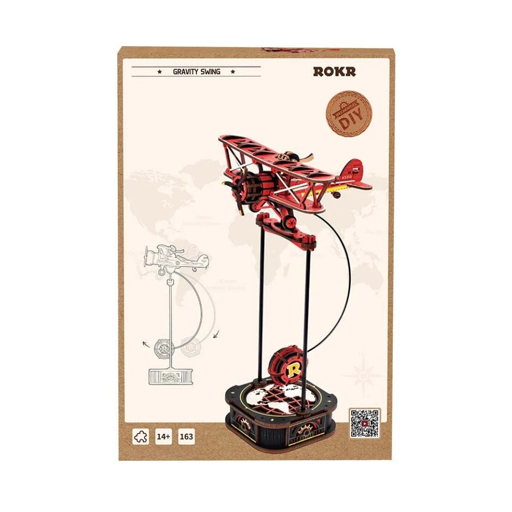 ROKR Gravity Swing toy packaging with red and black design on a beige background
