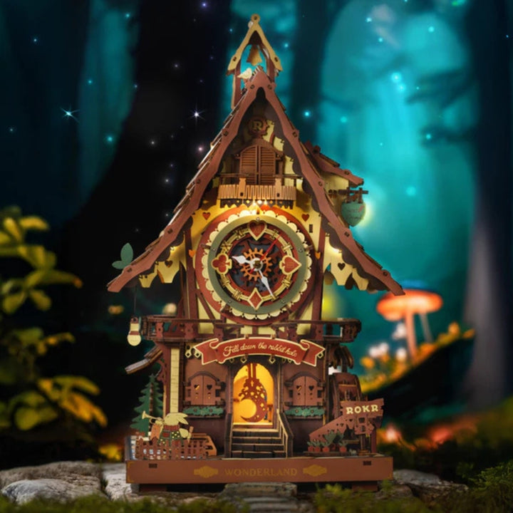 Detailed model of a clock tower with a forest background