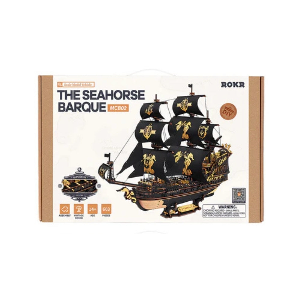 Boxed model ship kit of 'The Seahorse Barque' by ROKR on a white background