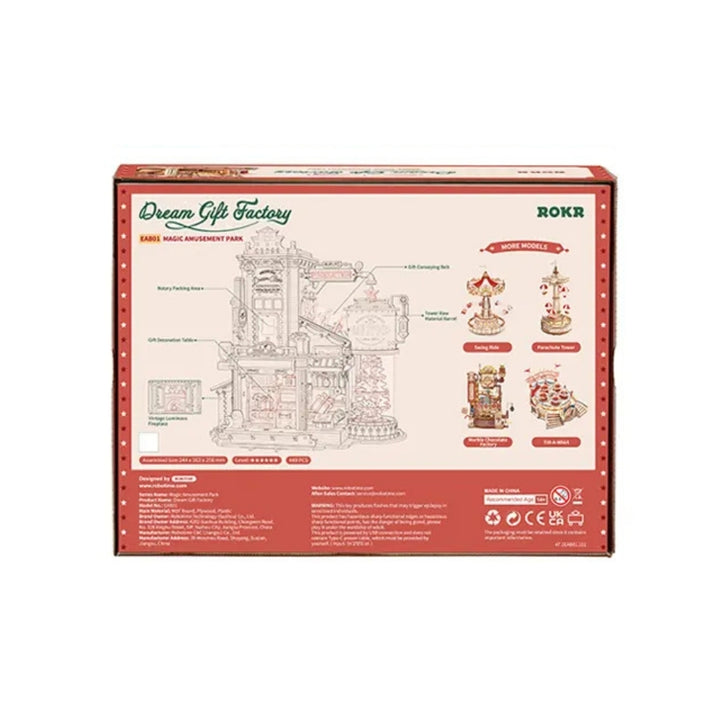 Box for a 'Dream Gift Factory' puzzle model by ROKR on a white background