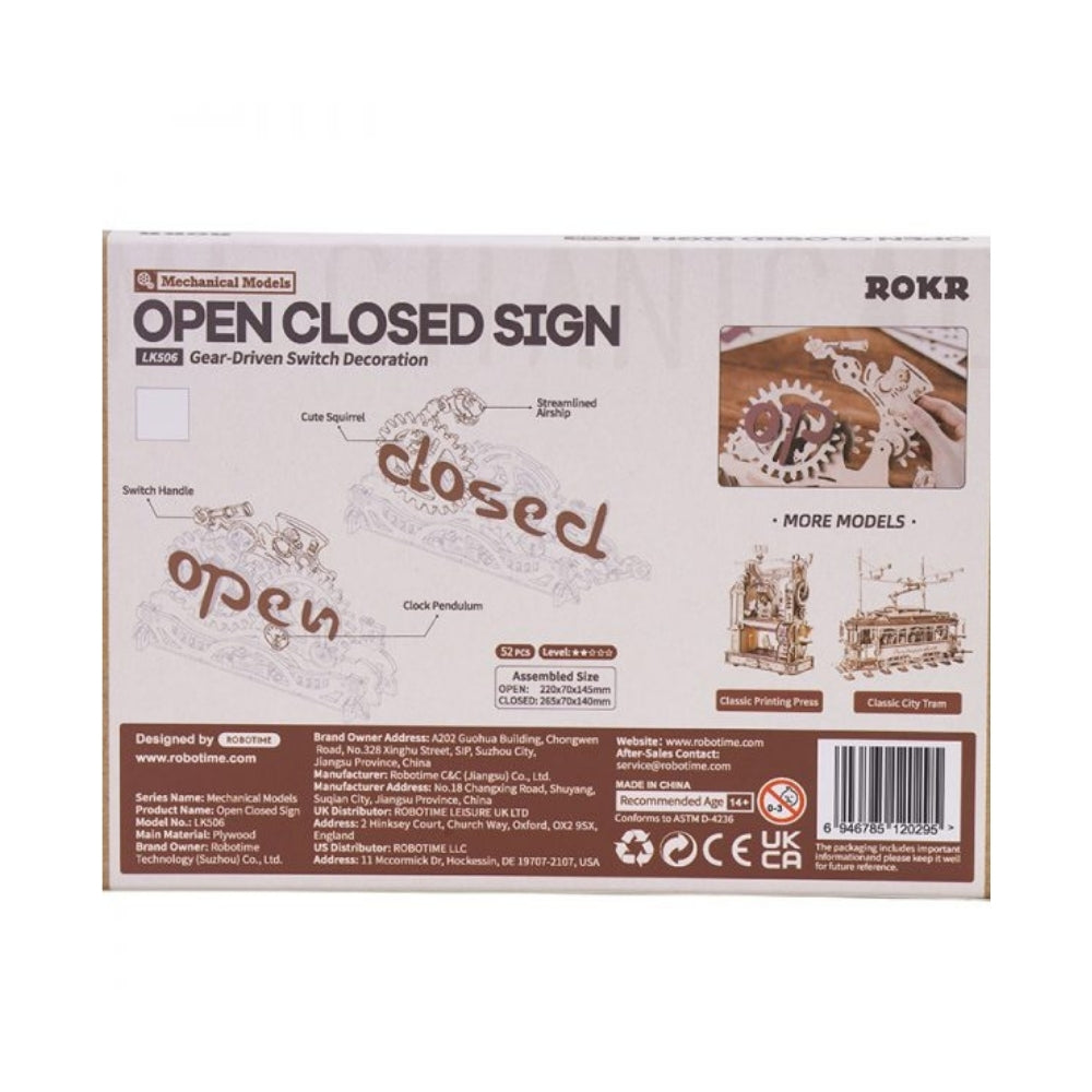 Box for ROKR mechanical model kit with 'Open Closed' sign design.