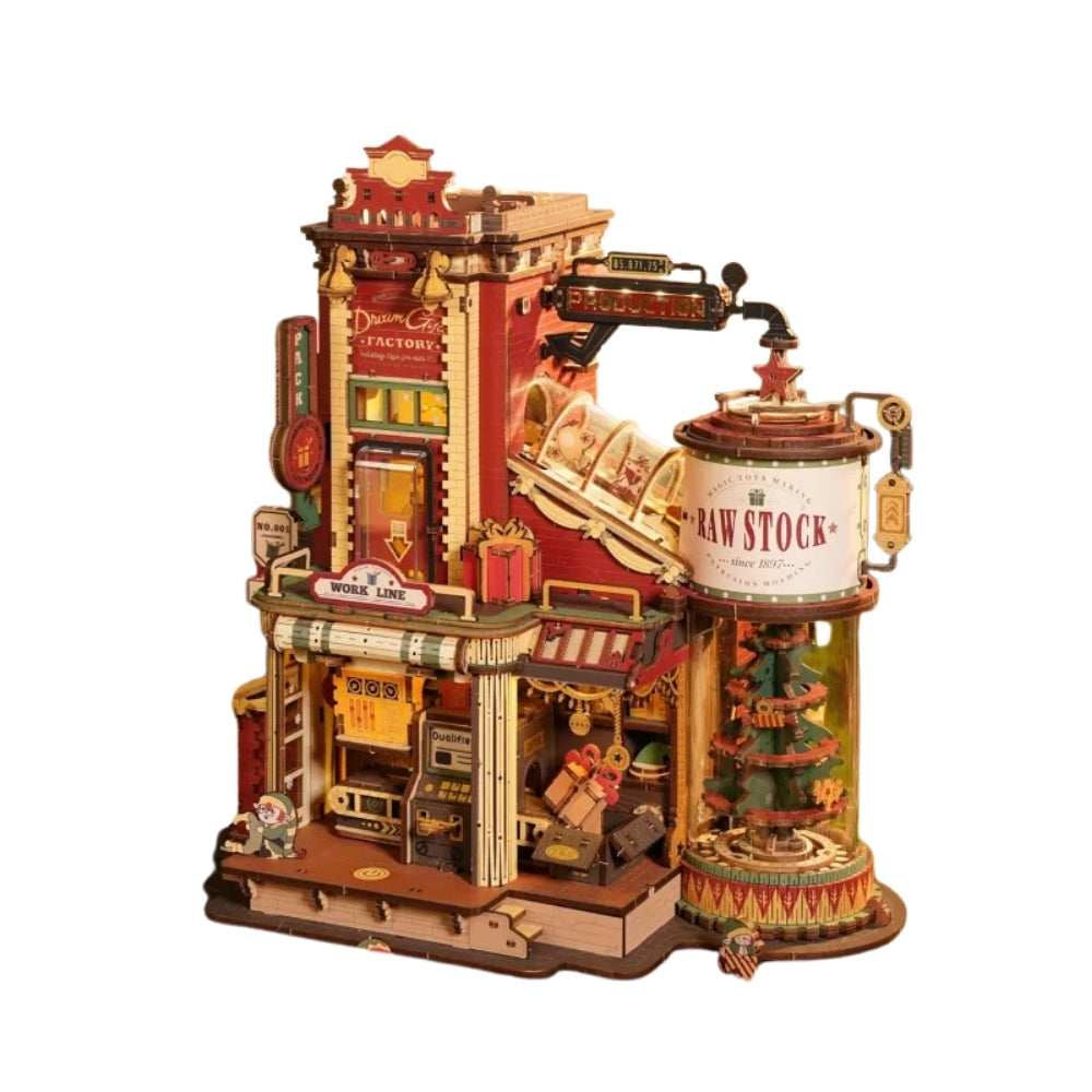 Detailed model of a vintage factory with mechanical elements on a white background