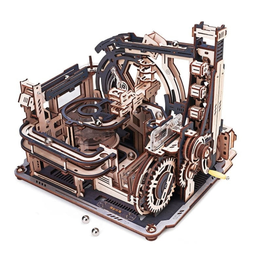 Wooden mechanical model with gears and components on a white background