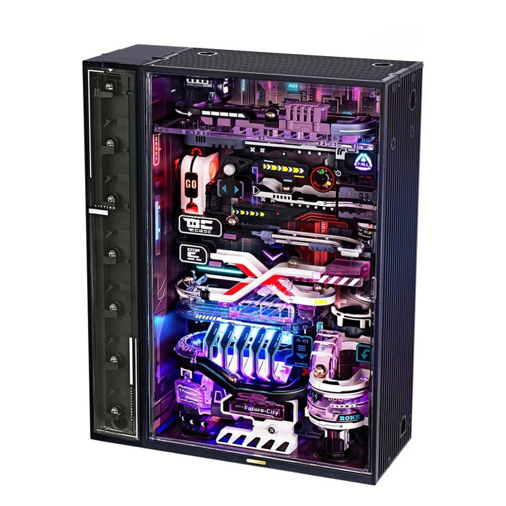 Glossy black computer case with colorful interior components on a white background