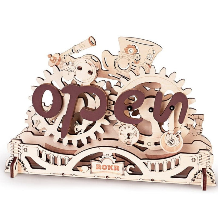 Wooden mechanical model with 'OPEN' text and ROKR branding on a white background