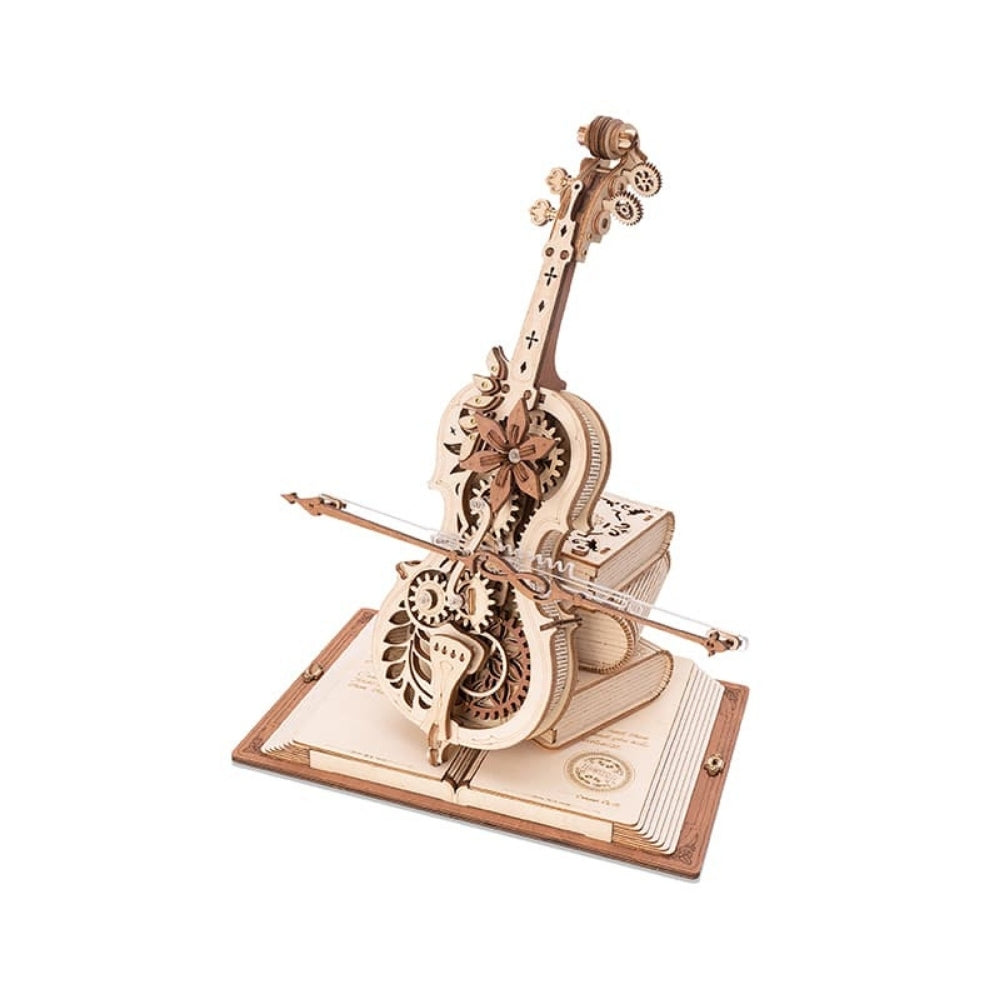 Wooden mechanical model of a violin on a white background