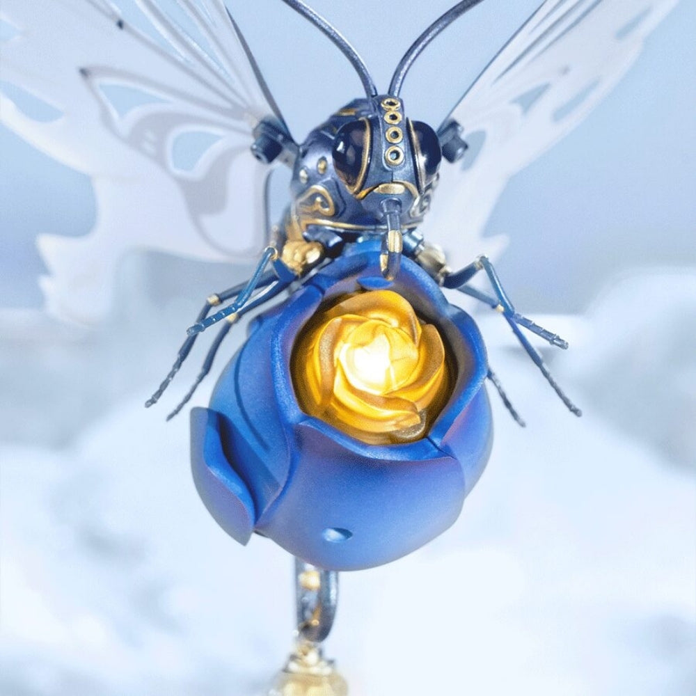 Blue mechanical bee with a glowing yellow center on a light blue background