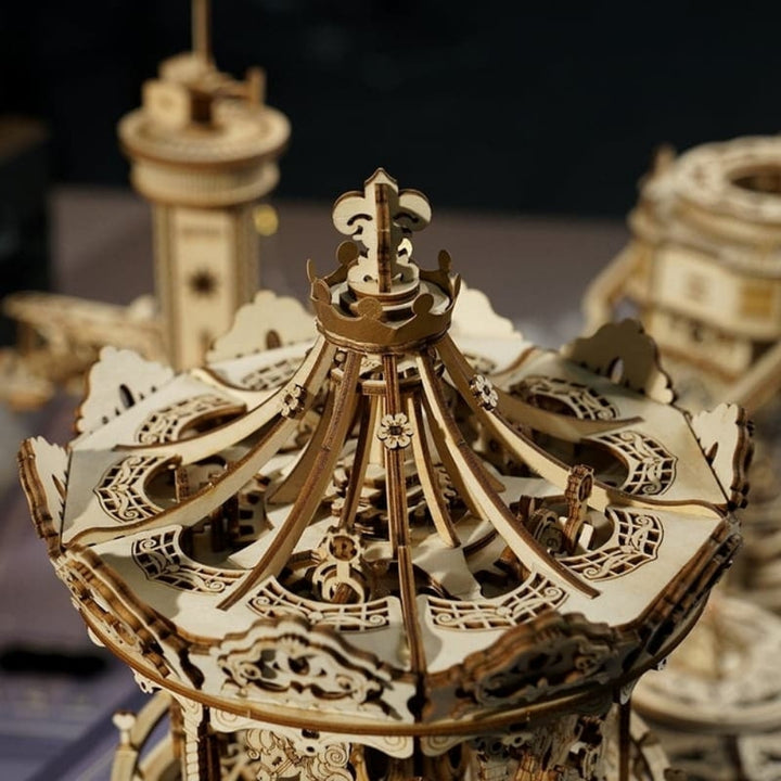 Close-up of a wooden mechanical model with intricate details