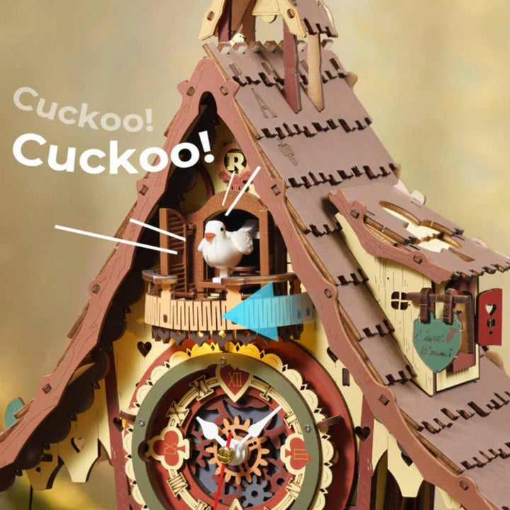 Wooden cuckoo clock with detailed design and text 'Cuckoo! Cuckoo!' on a beige background.