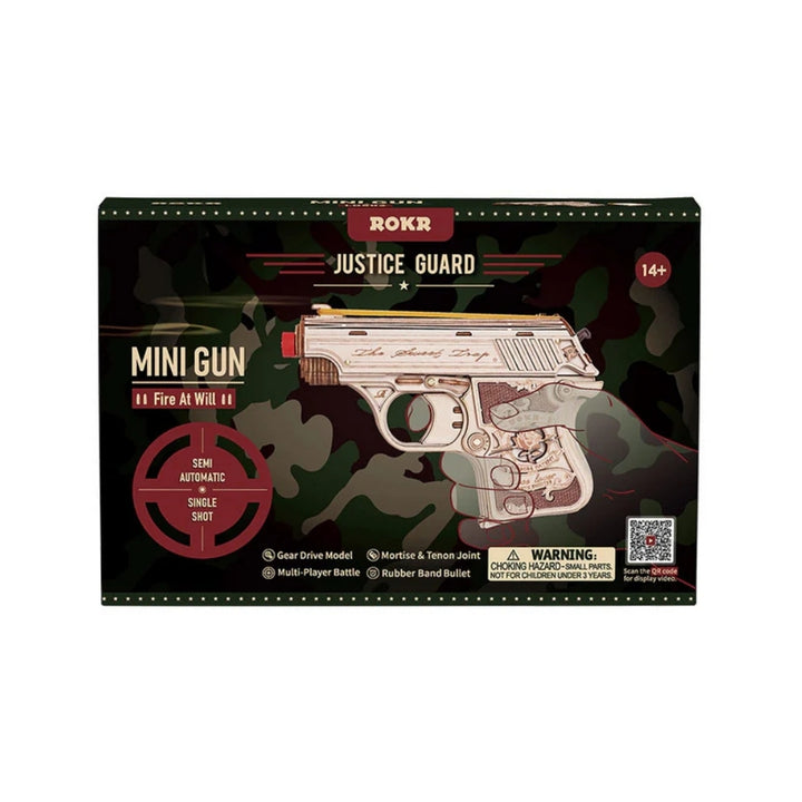 Box of a mini gun toy with camouflage design and ROKR branding.