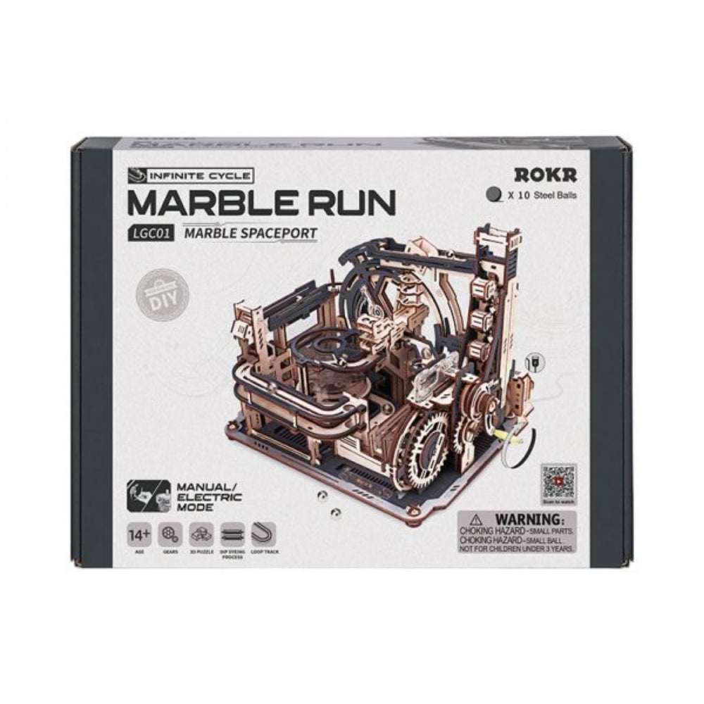 Marble run toy set packaging with ROKR branding on a white background