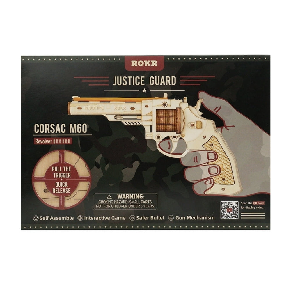 Box for a toy revolver labeled 'Justice Guard' by ROKR on a white background.