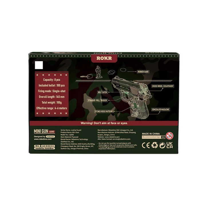 ROKR mini gun packaging with product details on a black background