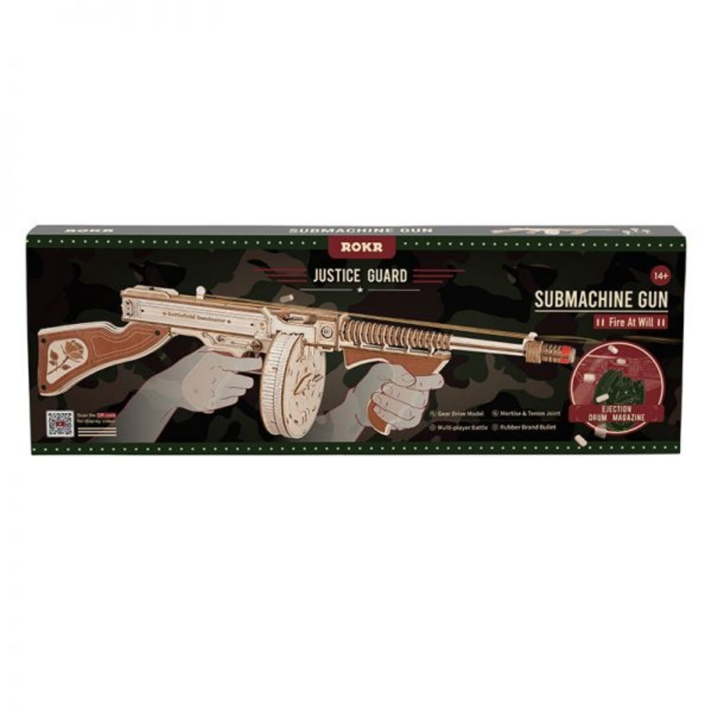 Boxed submachine gun model with 'Rokr' branding on a white background