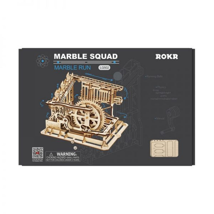 Marble run toy set packaging with ROKR branding on a white background