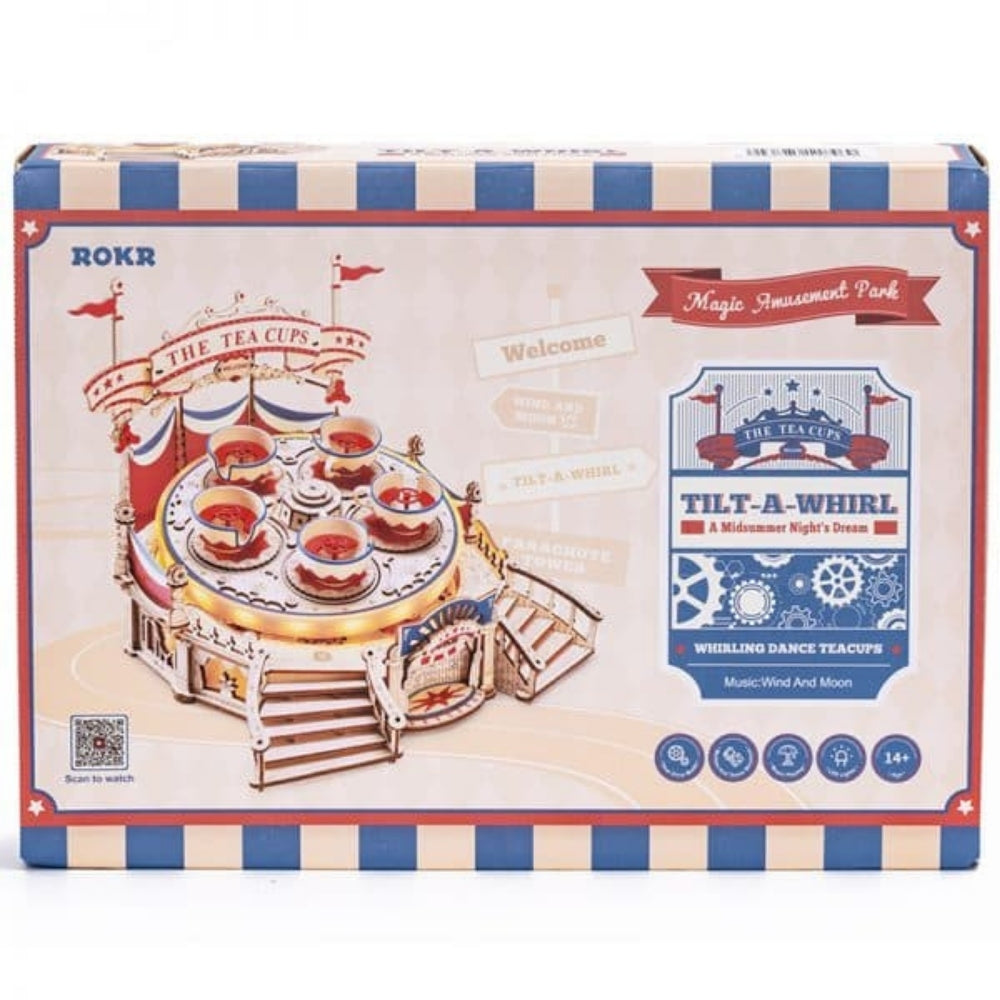 Box of ROKR Tilt-A-Whirl Whirling Dance Teacups toy with circus-themed design.