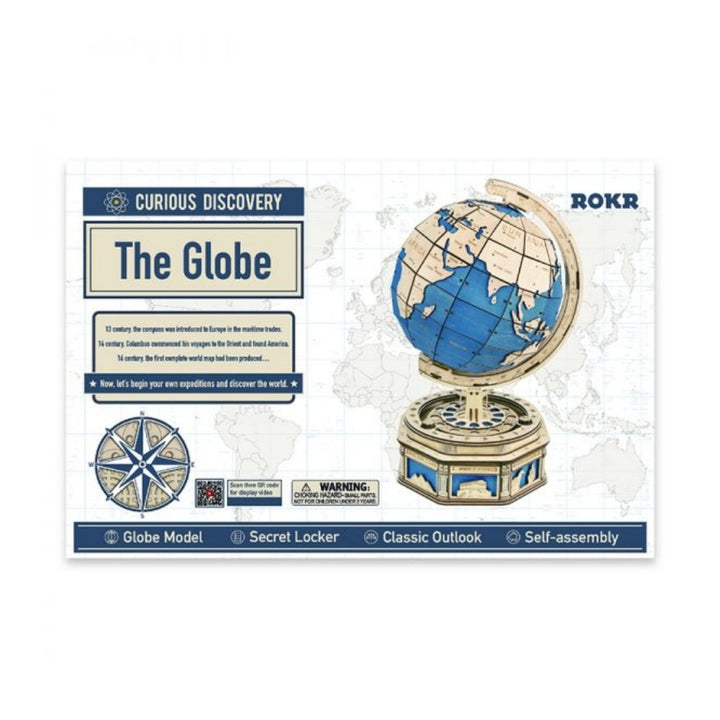 Wooden globe model packaging with ROKR branding on a white background