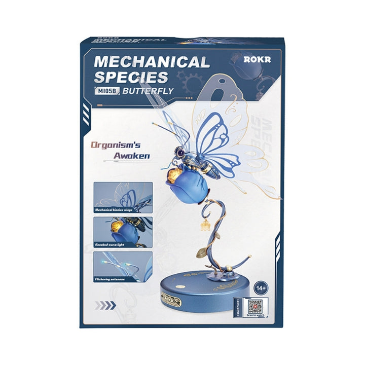 Boxed mechanical butterfly toy with 'Mechanical Species' branding on a white background