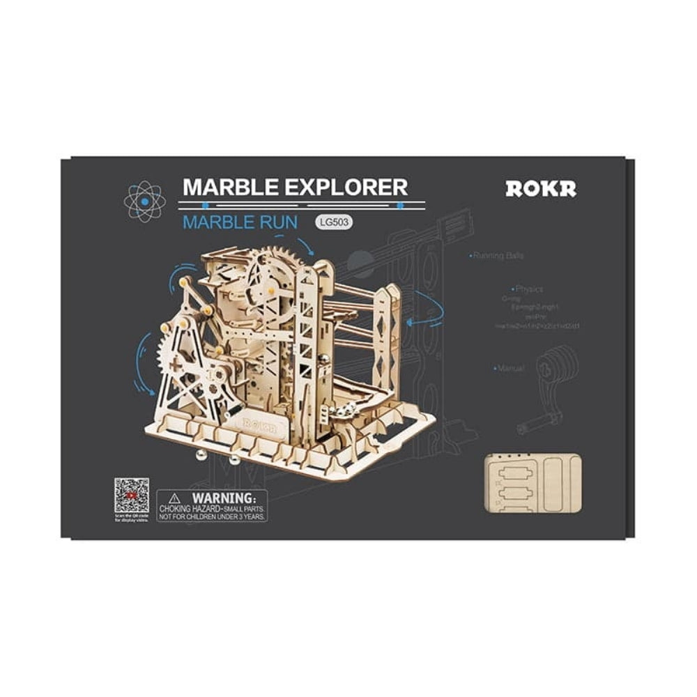 Marble Explorer marble run set packaging with ROKR branding on a white background