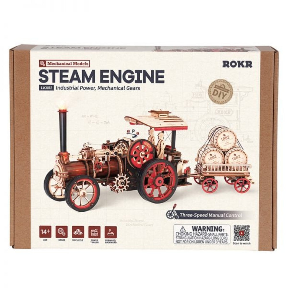 Box of ROKR steam engine model kit with toy illustration on a white background