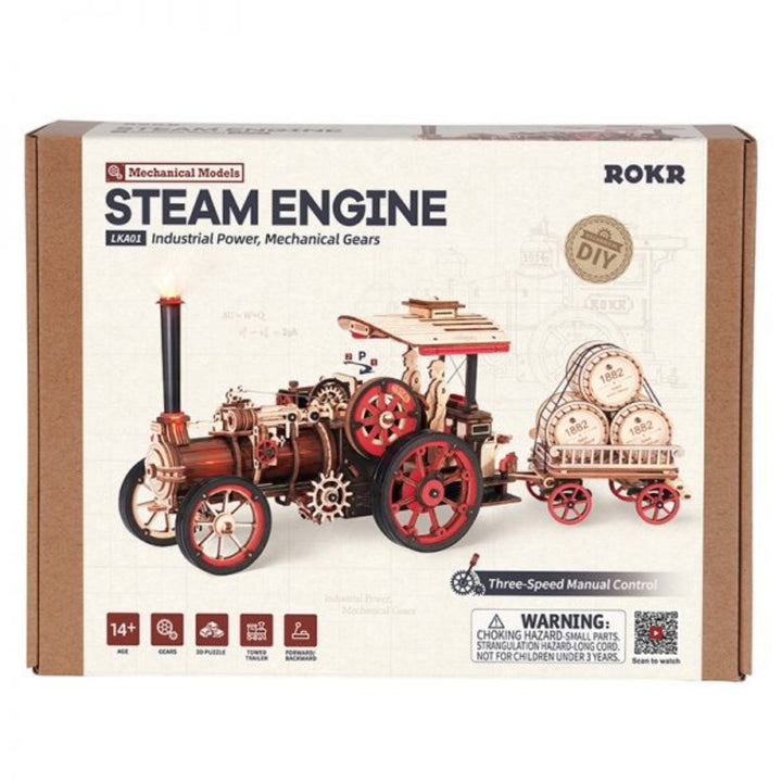 Box of ROKR steam engine model kit with toy illustration on a white background