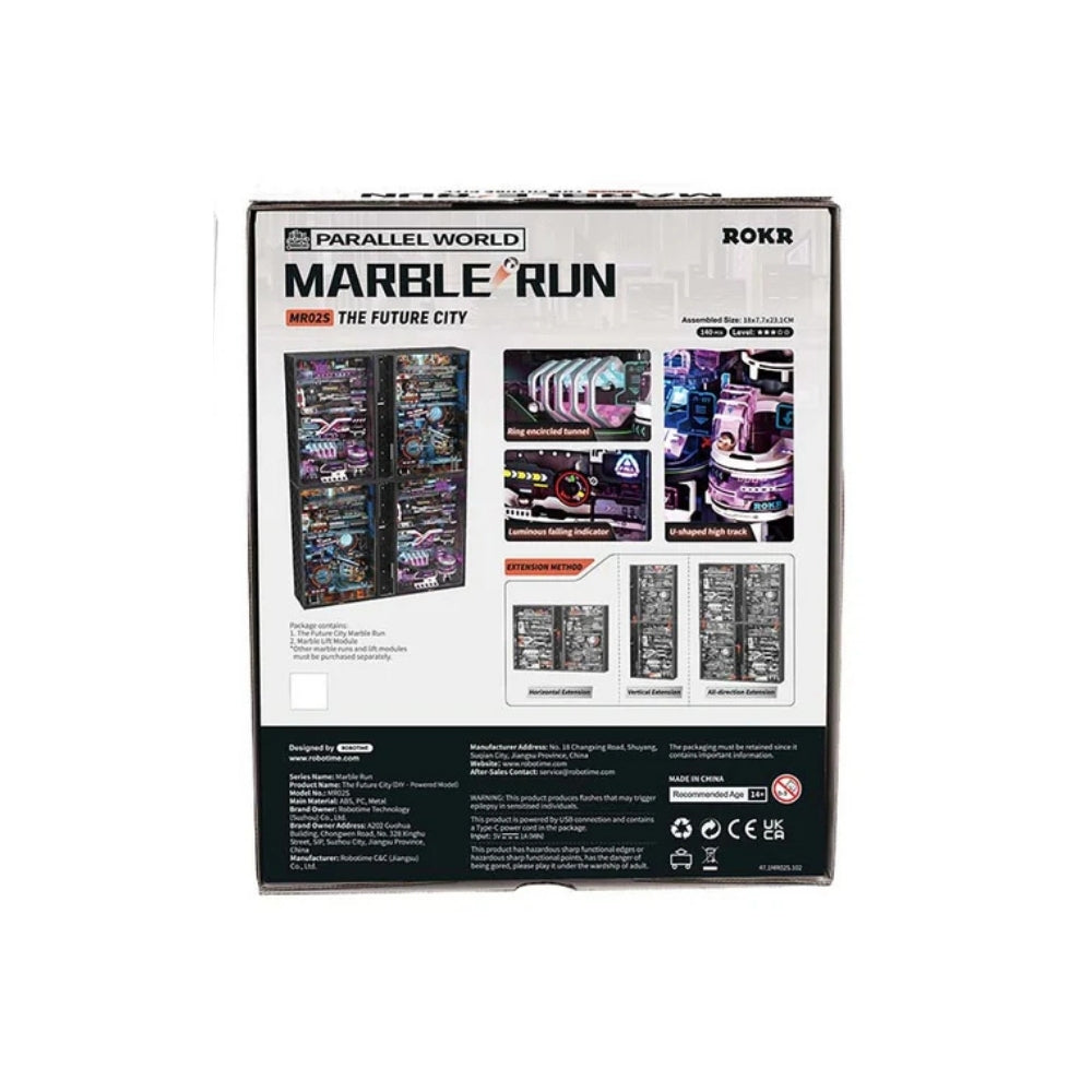 Marble run toy set packaging with 'Parallel World' and 'ROKR' branding on a white background.
