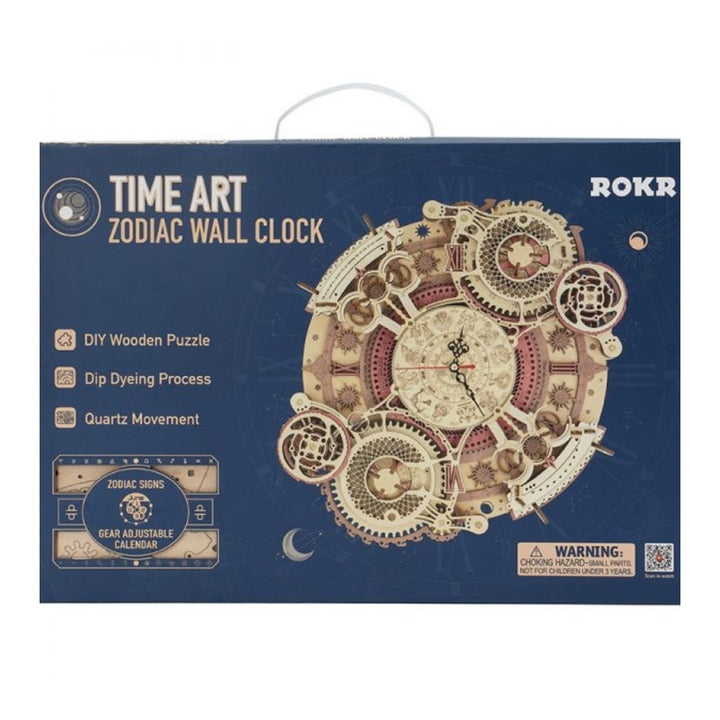 Box of ROKR Time Art Zodiac Wall Clock with product details on a white background