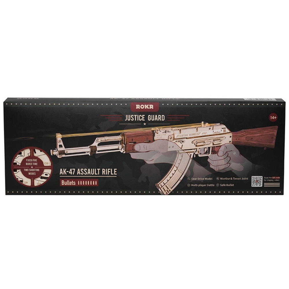 Boxed toy AK-47 assault rifle with 'Rokr' branding on a white background