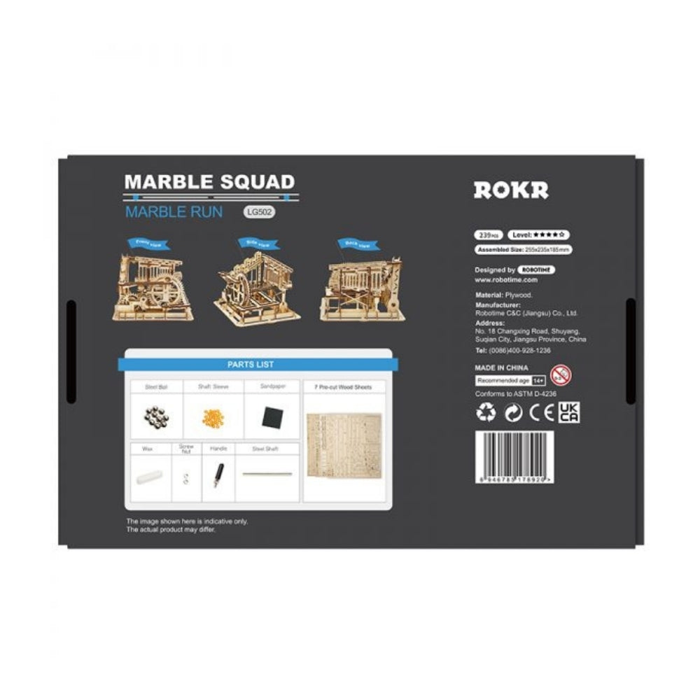 Back view of a ROKR Marble Squad marble run packaging with illustrations and text.
