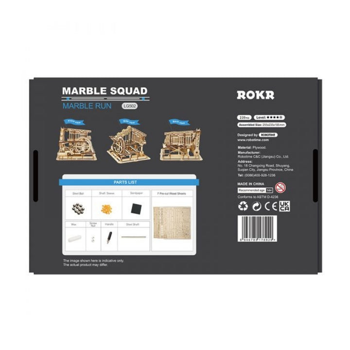 Back view of a ROKR Marble Squad marble run packaging with illustrations and text.