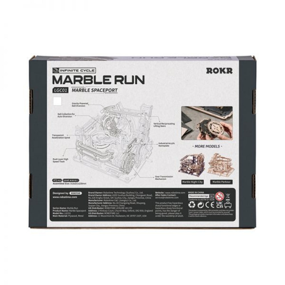 Box for ROKR Marble Run marble spaceport toy set on a white background