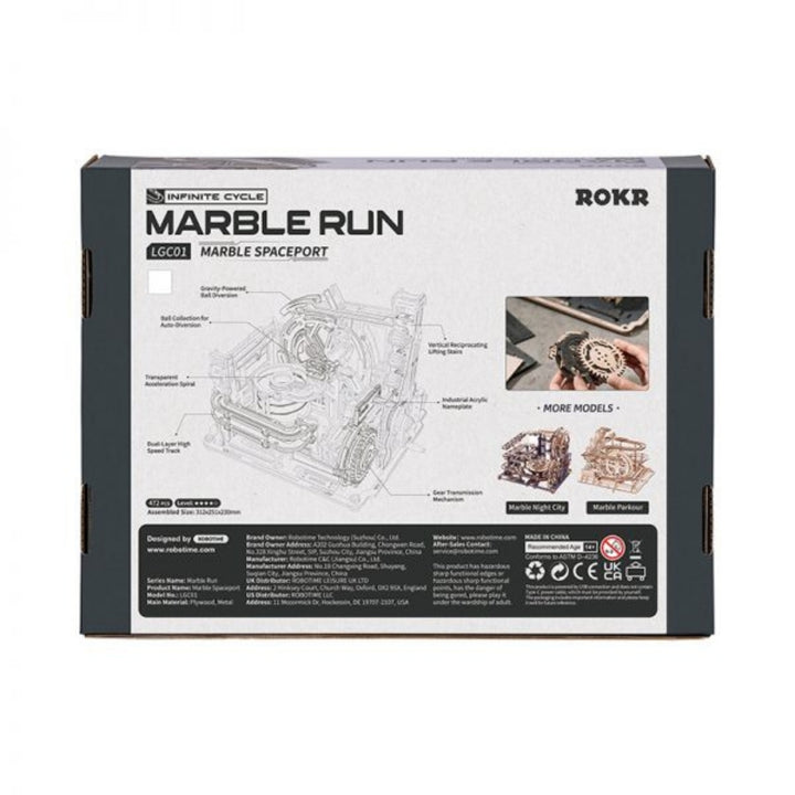 Box for ROKR Marble Run marble spaceport toy set on a white background