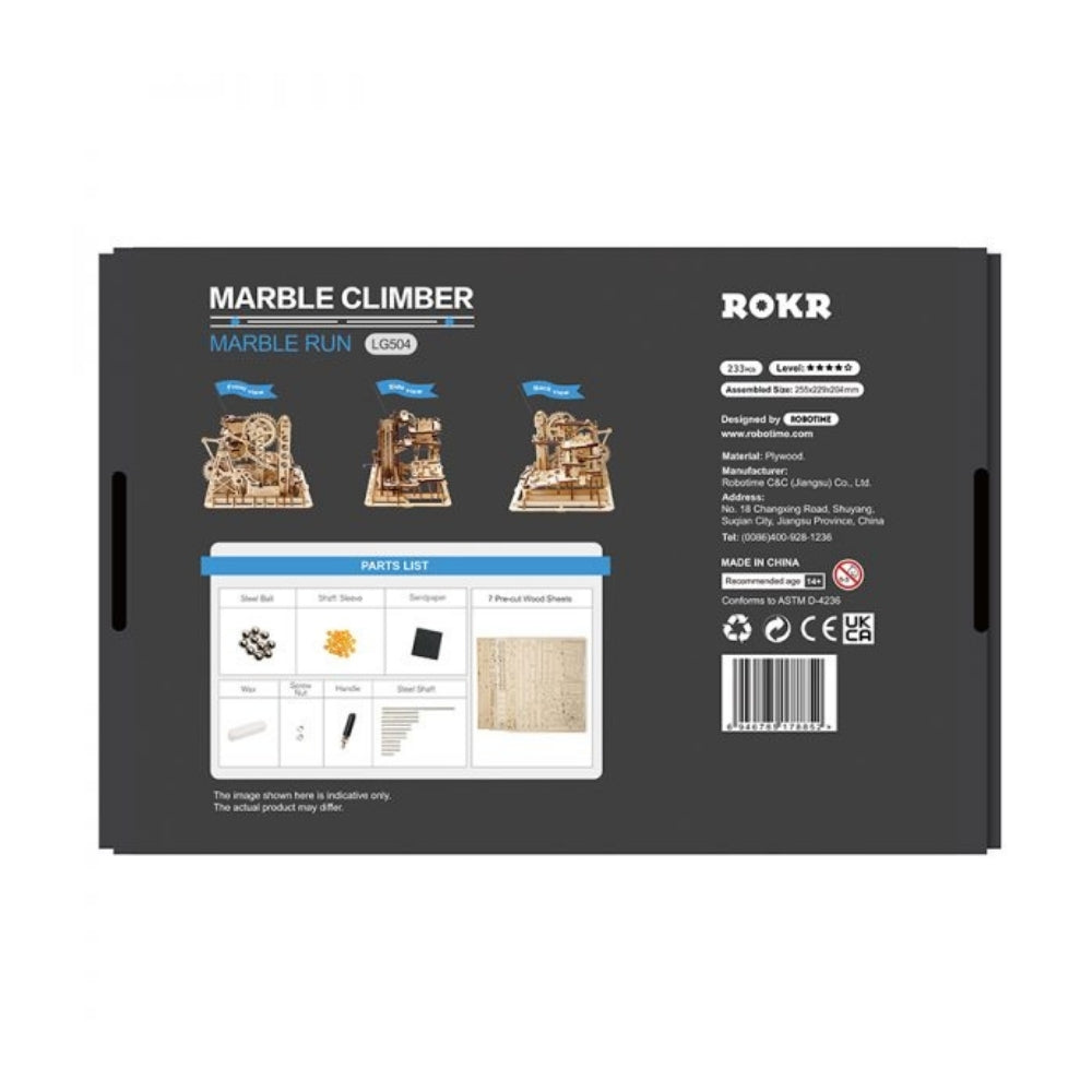 Back of a packaging box for ROKR Marble Climber marble run set