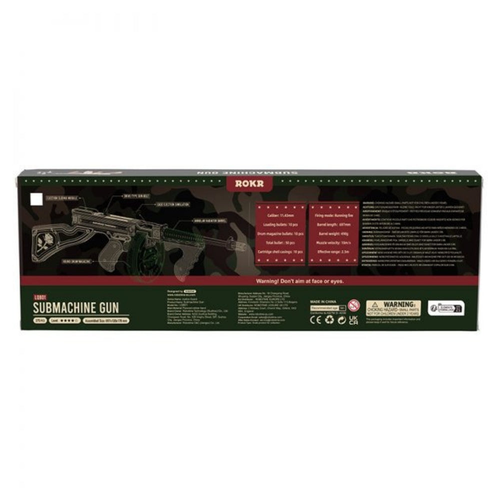 Box for a toy submachine gun with ROKR branding on a white background
