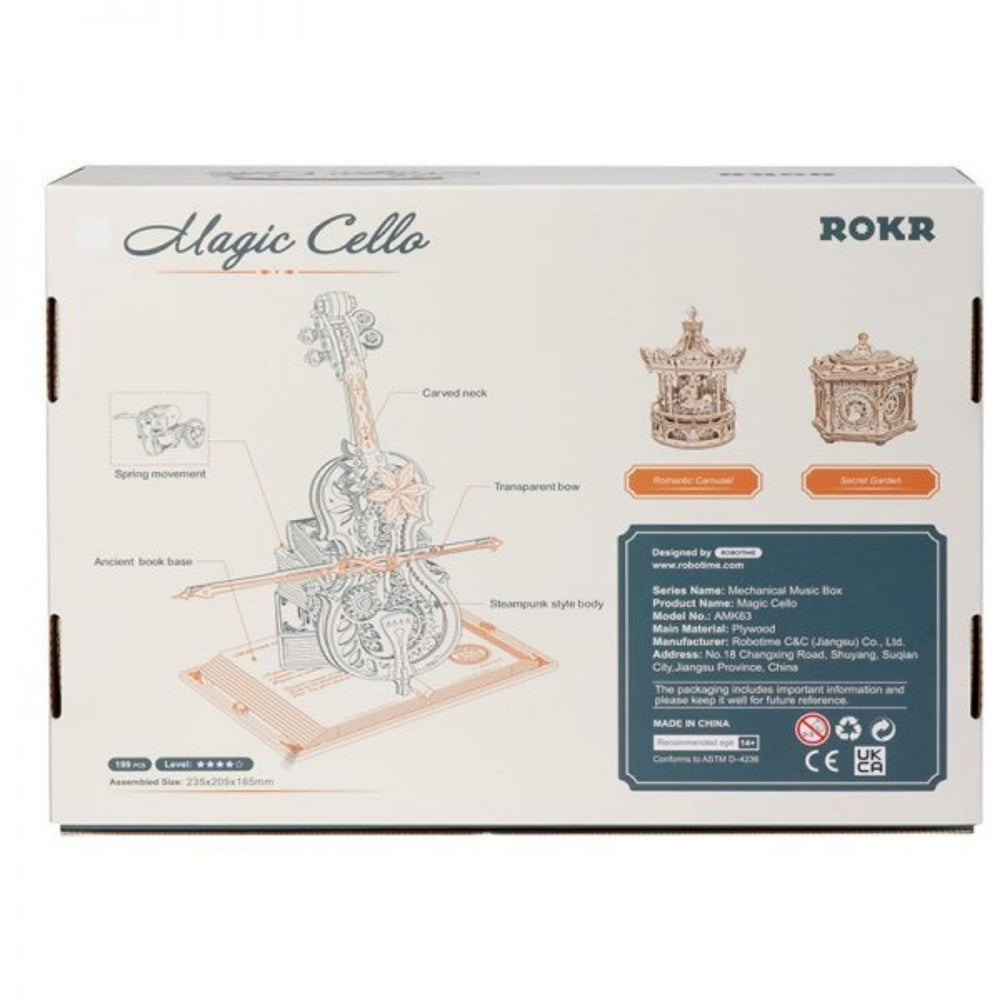 Box packaging of ROKR Magic Cello mechanical music box with detailed illustrations and branding.