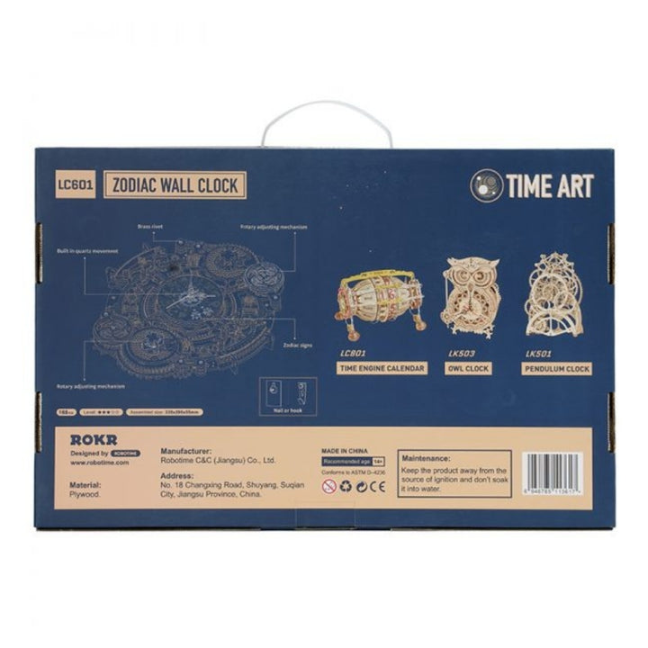 Back of a Zodiak Wall Clock packaging box by Time Art with product illustrations and branding.
