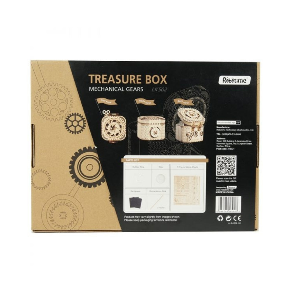 Box of 'Treasure Box Mechanical Gears' with mechanical gear designs on a white background