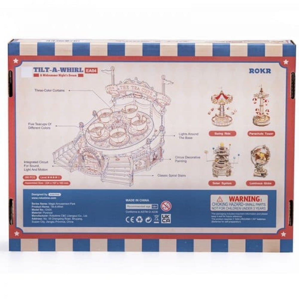 Box for a toy tilt-a-whirl and ROKR set with detailed illustrations and branding.