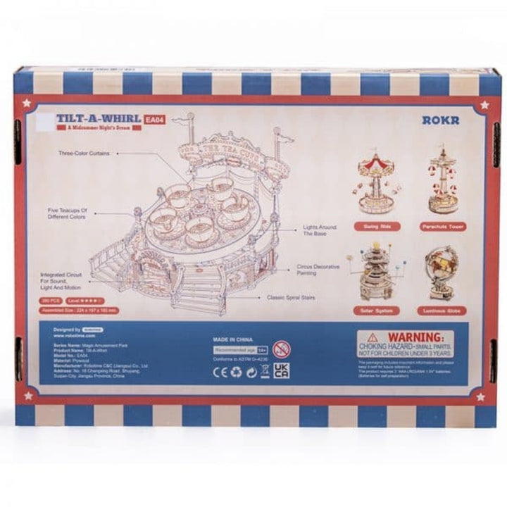 Box for a toy tilt-a-whirl and ROKR set with detailed illustrations and branding.