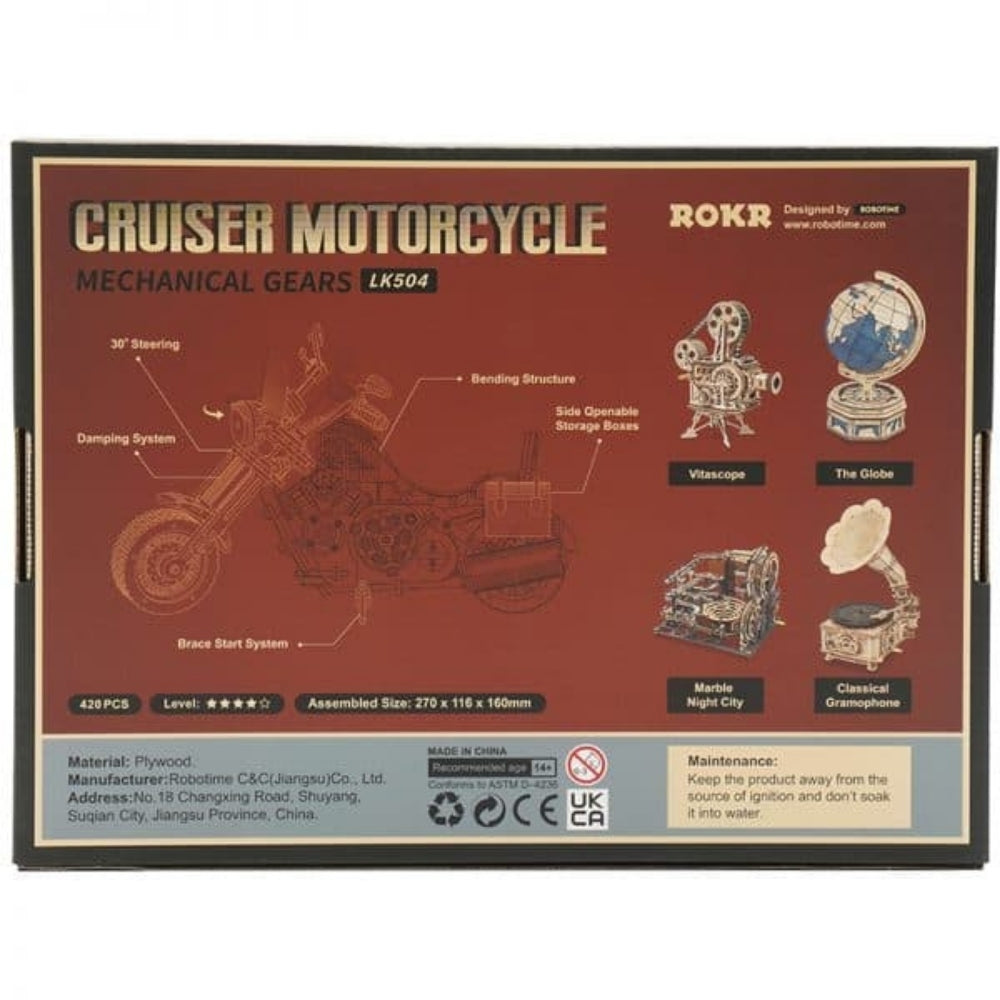 Box for a 'Cruiser Motorcycle' mechanical gears model by ROKR on a brown background.